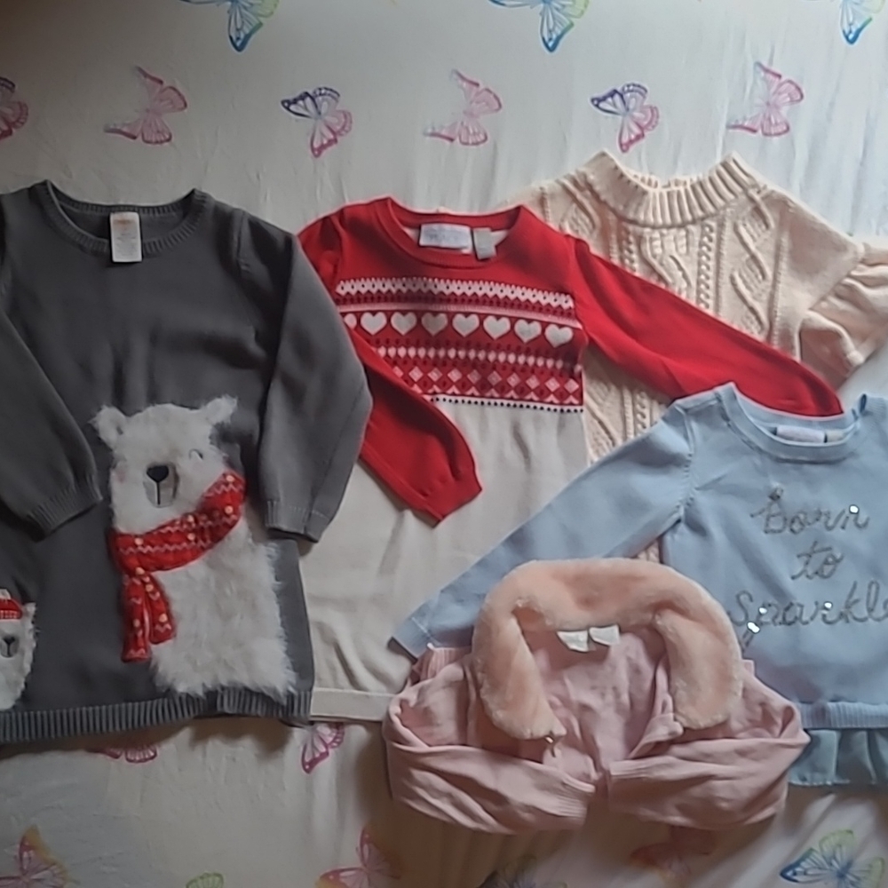 Bundle size 3T. 3 sweater dresses, 1 sweater, and 1 cardigan
